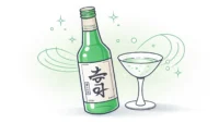소주병 아이콘 옆에 영어 말풍선 아이콘이 있는 이미지, 소주를 영어로 표현하는 법 배우기
