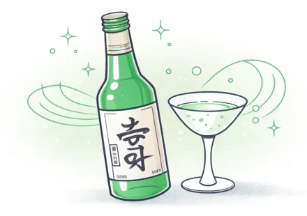 소주병 아이콘 옆에 영어 말풍선 아이콘이 있는 이미지, 소주를 영어로 표현하는 법 배우기