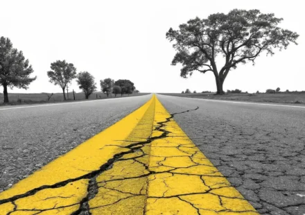 도로 위 노란 실선이 문서 서명란의 검은 실선으로 이어지는 모습을 통해 'solid line' 영어 표현 학습을 상징하는 이미지.