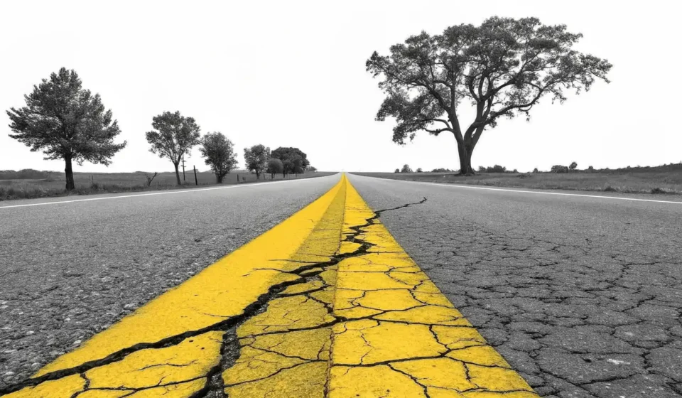 도로 위 노란 실선이 문서 서명란의 검은 실선으로 이어지는 모습을 통해 'solid line' 영어 표현 학습을 상징하는 이미지.