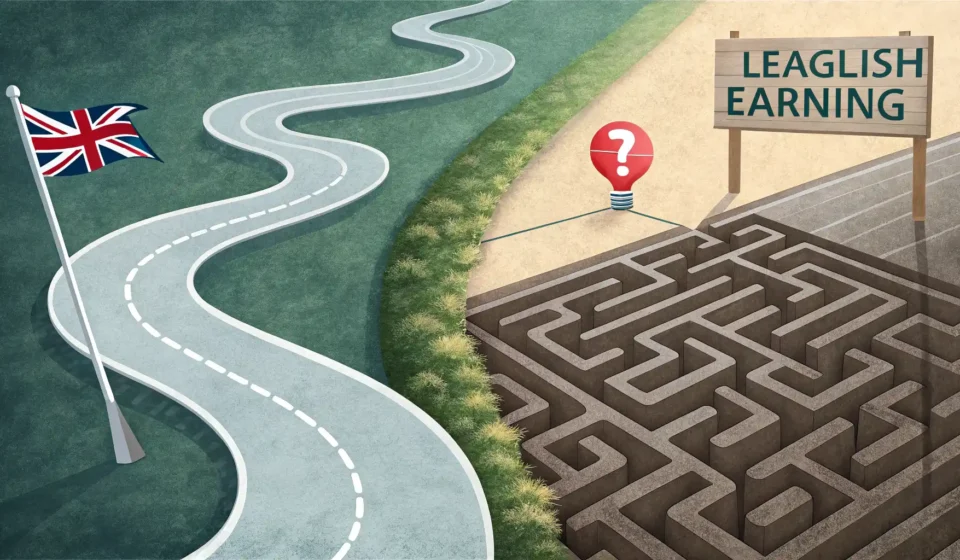 'Sooner or later'와 'Eventually'의 뉘앙스 차이를 시각적으로 보여주는 이미지: 명확한 목표로 이어지는 길과 불확실한 미래를 상징하는 안개 속 길.