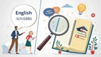 돋보기와 스포트라이트를 이용해 영어 부사 Specifically와 Particularly의 미묘한 차이점을 시각적으로 설명하는 이미지.