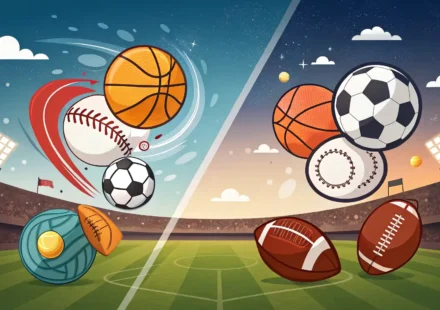 다양한 스포츠 아이콘과 영어 대화를 상징하는 말풍선 아이콘이 나란히 배치된 이미지, 스포츠 관련 영어 표현 학습 컨셉