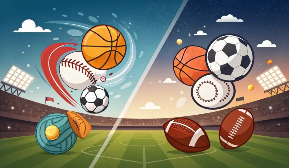 다양한 스포츠 아이콘과 영어 대화를 상징하는 말풍선 아이콘이 나란히 배치된 이미지, 스포츠 관련 영어 표현 학습 컨셉