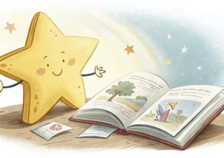 노란색 별 모양과 영어 단어 학습을 상징하는 책 일러스트