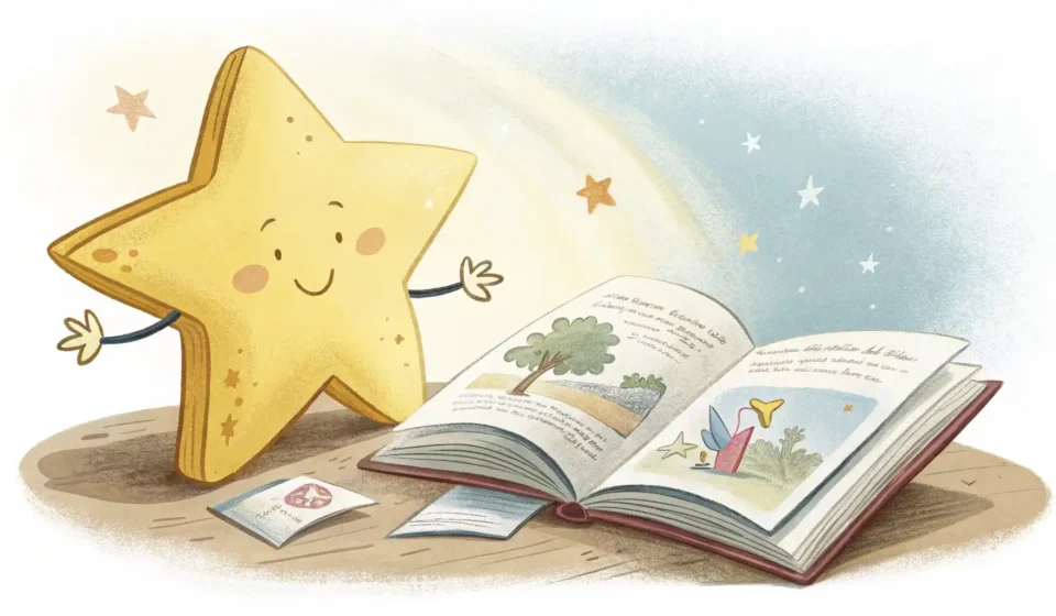 노란색 별 모양과 영어 단어 학습을 상징하는 책 일러스트