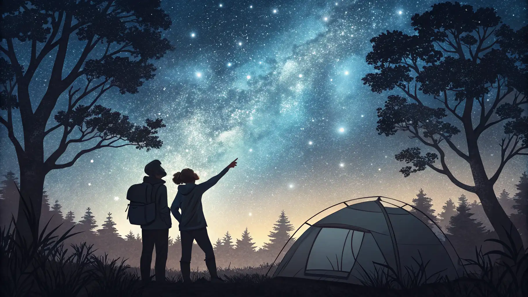 두 친구가 캠핑하며 밤하늘의 별을 보고 감탄하며 영어로 대화하는 장면.
