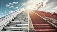Step by step과 Gradually의 차이를 시각적으로 표현: 뚜렷한 계단과 완만한 경사로 단계적 진행과 점진적 변화를 상징하는 영어 학습 관련 이미지.
