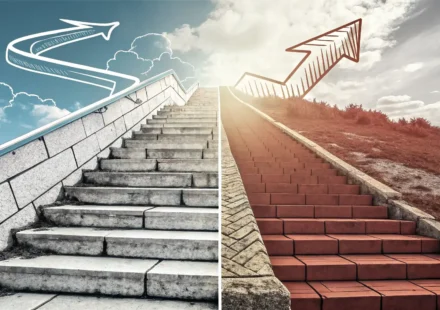 Step by step과 Gradually의 차이를 시각적으로 표현: 뚜렷한 계단과 완만한 경사로 단계적 진행과 점진적 변화를 상징하는 영어 학습 관련 이미지.