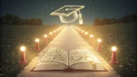책 아이콘에서 세계 지도 위의 학사모 아이콘으로 이어지는 밝은 길을 보여주는 일러스트레이션, 해외 유학 영어 학습 여정을 상징함.