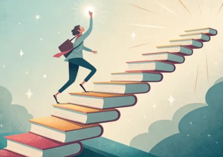책 계단을 올라 별을 향해 나아가는 사람 일러스트, 영어 학습을 통한 성공 상징