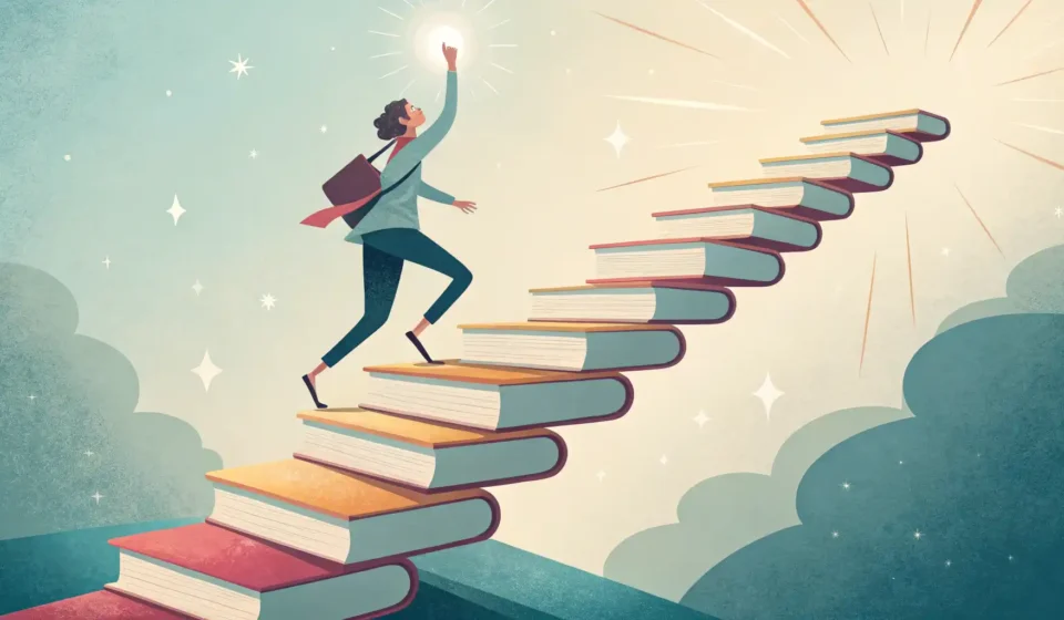 책 계단을 올라 별을 향해 나아가는 사람 일러스트, 영어 학습을 통한 성공 상징