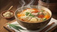 맛있는 수제비 사진과 영어 학습을 상징하는 아이콘이 연결된 이미지