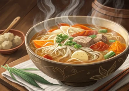 맛있는 수제비 사진과 영어 학습을 상징하는 아이콘이 연결된 이미지