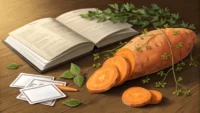 영어 사전과 빈 플래시 카드 옆에 놓인 먹음직스러운 고구마 이미지