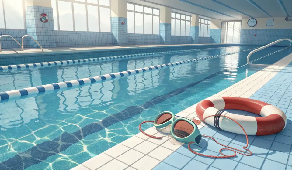 푸른 수영장 레인과 영어 회화 학습을 상징하는 말풍선 및 국기 아이콘 이미지