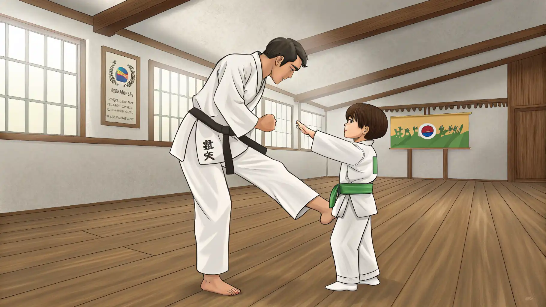 태권도 사범이 도장에서 외국인 수련생에게 영어로 발차기 자세를 가르쳐주며 교정하는 모습.