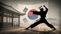 태권도 사범이 영어 표현을 배우는 것을 상징하는 이미지. 도장 배경에 영어 알파벳이 떠다니는 모습.