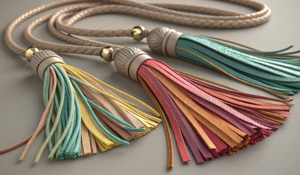 다양한 색상과 재질의 태슬 장식들과 이를 자세히 살펴보는 돋보기가 있는 이미지 - 영어 표현 학습 상징