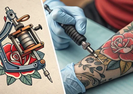 문신 시술 도구와 영어(영국/미국 국기) 말풍선 아이콘이 함께 있는, 문신 관련 영어 표현 학습을 상징하는 이미지