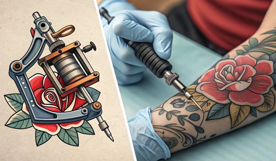 문신 시술 도구와 영어(영국/미국 국기) 말풍선 아이콘이 함께 있는, 문신 관련 영어 표현 학습을 상징하는 이미지