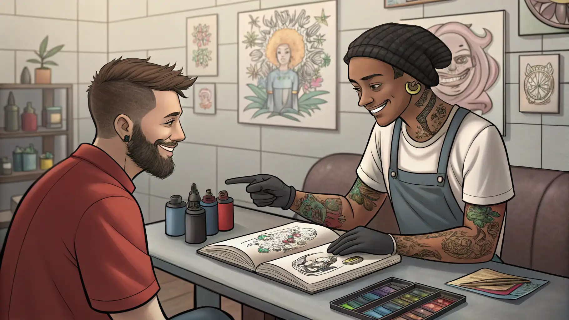 타투 아티스트와 고객이 타투 디자인에 대해 영어로 상담하고 있는 장면