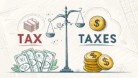 세금 관련 영어 단어 'Tax'와 'Taxes'의 개념적 차이를 동전과 서류 아이콘으로 보여주는 이미지.