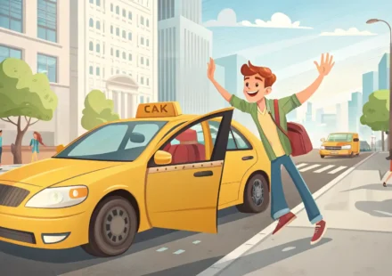 노란색 택시에서 내리는 승객과 도시 거리 풍경 일러스트