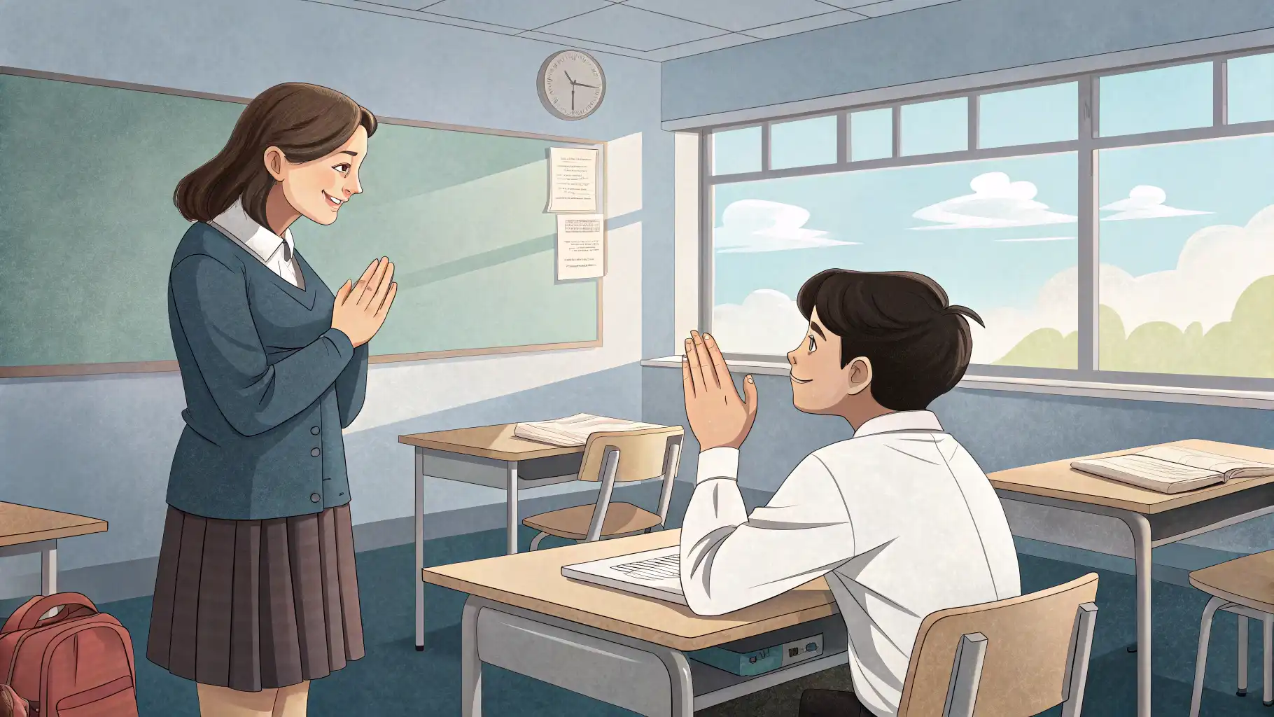 고등학교 교무실에서 선생님께 영어로 질문하는 학생과 친절하게 답해주는 선생님의 모습