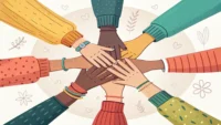 팀워크와 협업을 상징하는 여러 손이 함께 모여 있는 모습과 소통 아이콘이 그려진 영어 표현 학습 썸네일 이미지