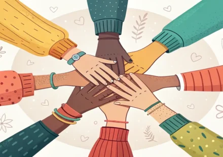 팀워크와 협업을 상징하는 여러 손이 함께 모여 있는 모습과 소통 아이콘이 그려진 영어 표현 학습 썸네일 이미지