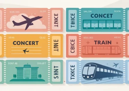 비행기, 콘서트, 기차 티켓과 영어 회화 성공을 나타내는 체크 표시 말풍선 아이콘 일러스트