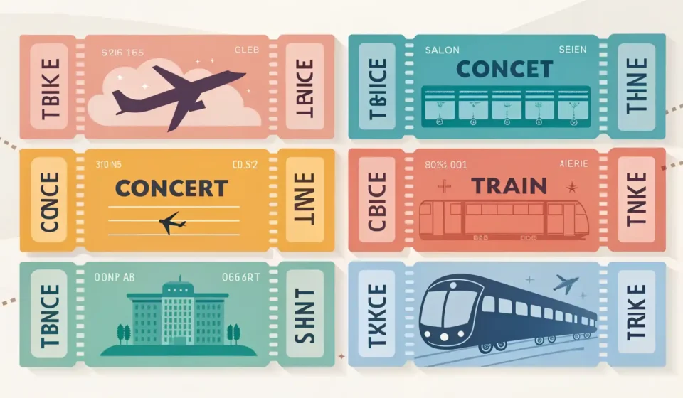 비행기, 콘서트, 기차 티켓과 영어 회화 성공을 나타내는 체크 표시 말풍선 아이콘 일러스트