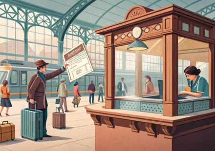 기차역 창구에서 기차표를 제시하고 환불받는 과정을 나타내는 일러스트 이미지
