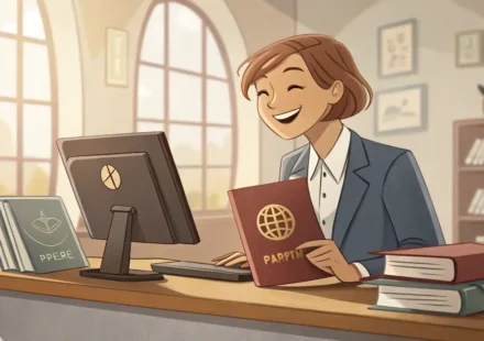 여행사 직원이 책상 앞에서 미소 지으며 비자 서류와 여권을 보여주는 이미지, 영어 비자 문의 응대 표현 관련.