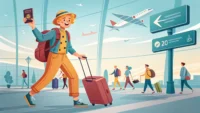 여권과 캐리어를 든 여행객이 공항 체크인 카운터 앞에 서 있고, 주변에 'Book a flight?', 'Check-in please?' 같은 영어 여행 표현 말풍선이 떠 있는 일...