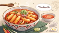 맛있는 떡볶이와 영어 학습을 상징하는 말풍선이 있는 썸네일 이미지