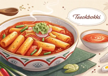 맛있는 떡볶이와 영어 학습을 상징하는 말풍선이 있는 썸네일 이미지