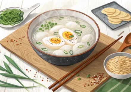 따뜻한 떡국 한 그릇과 펼쳐진 영어 사전 옆에 물음표 말풍선이 있어 떡국 관련 영어 표현 학습을 나타내는 이미지