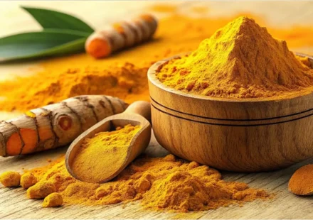 강황 가루와 뿌리 옆에 영어 학습을 나타내는 아이콘이 있는 이미지