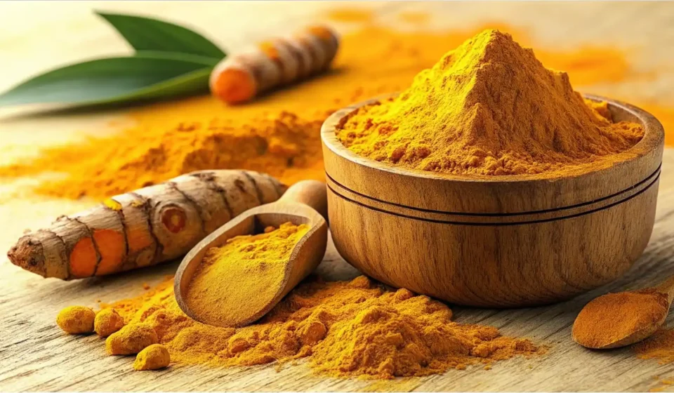 강황 가루와 뿌리 옆에 영어 학습을 나타내는 아이콘이 있는 이미지