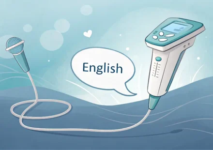 초음파 검사 관련 영어 표현 학습을 시각적으로 나타내는 이미지: 초음파 기기와 영어 학습 아이콘.