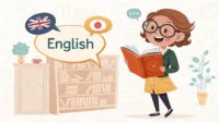 대학 도서관에서 영어로 소통하는 법을 배우는 것을 상징하는 책장 배경과 말풍선 일러스트