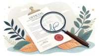 돋보기로 공식 문서의 특정 조건을 확인하는 모습 일러스트, 'Unless otherwise stated' 영어 표현 학습 상징