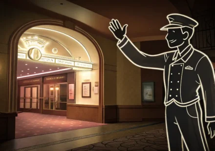 공연장 입구에서 안내하는 직원과 영어 표현 학습을 상징하는 아이콘이 그려진 이미지