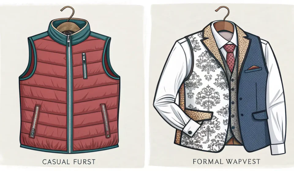 캐주얼 조끼와 정장 조끼 이미지와 함께 영어 표현 학습을 나타내는 아이콘