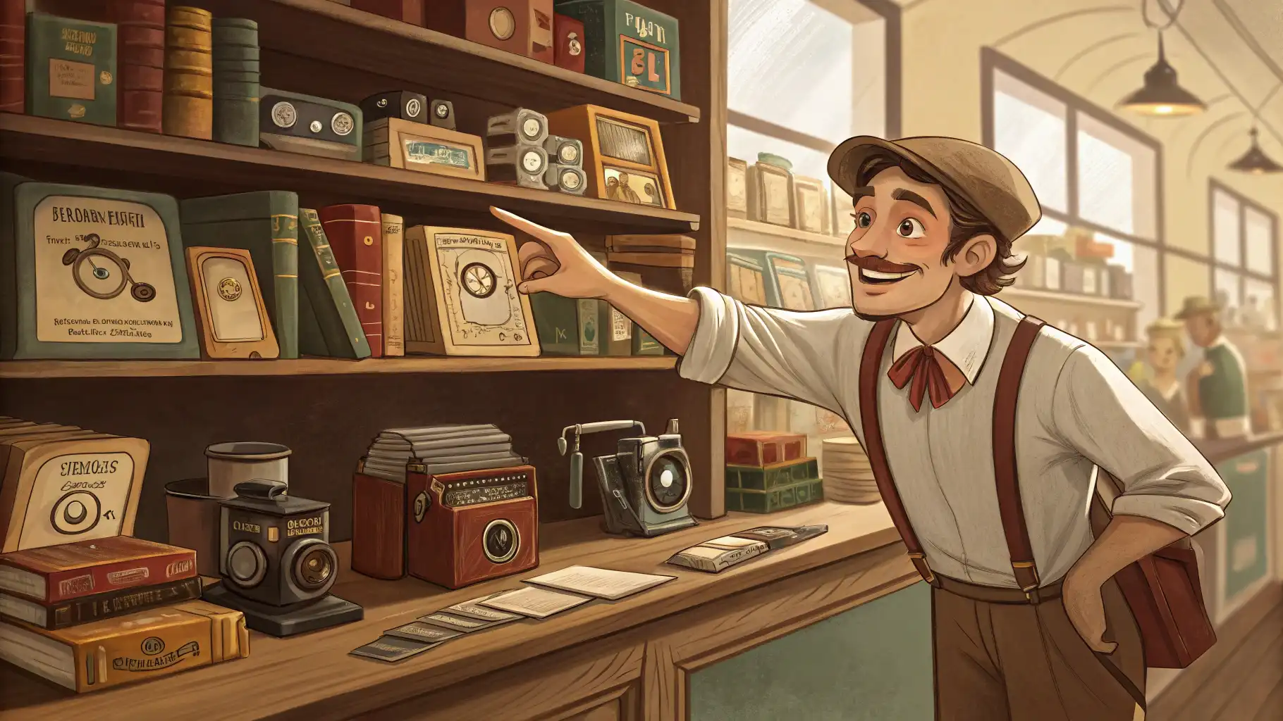 빈티지 옷 가게 직원이 손님에게 친절하게 영어로 응대하는 모습