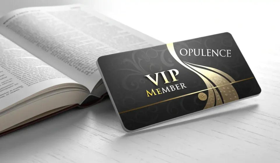 명품 매장 VIP 혜택 관련 영어 표현 학습을 나타내는 VIP 카드와 영어 사전 아이콘 이미지