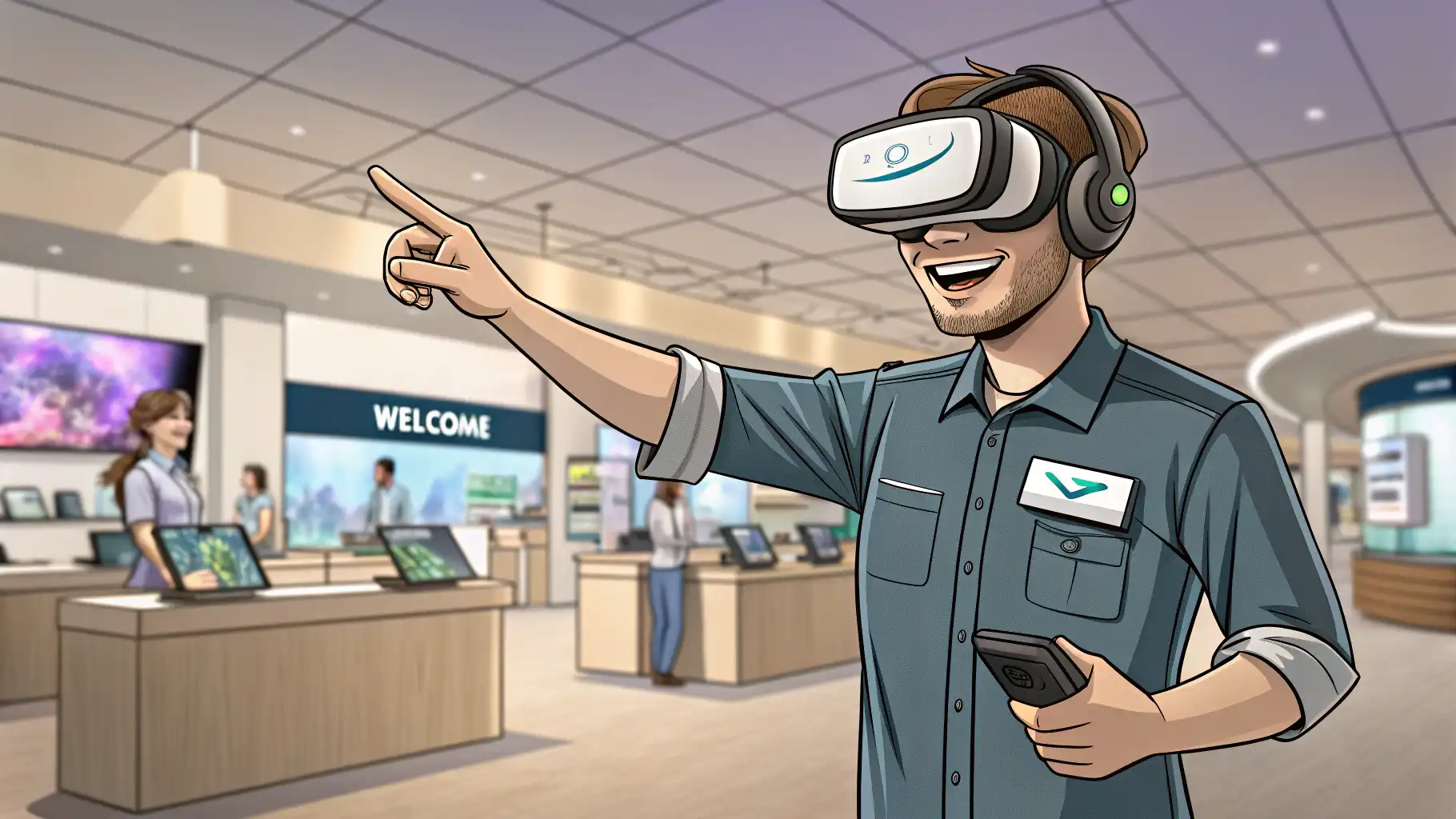 VR 체험관 직원이 방문객에게 VR 헤드셋 착용을 도와주며 영어로 설명하는 모습