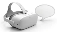 VR 헤드셋과 영어 학습을 상징하는 영국 국기 말풍선 아이콘이 있는 썸네일 이미지